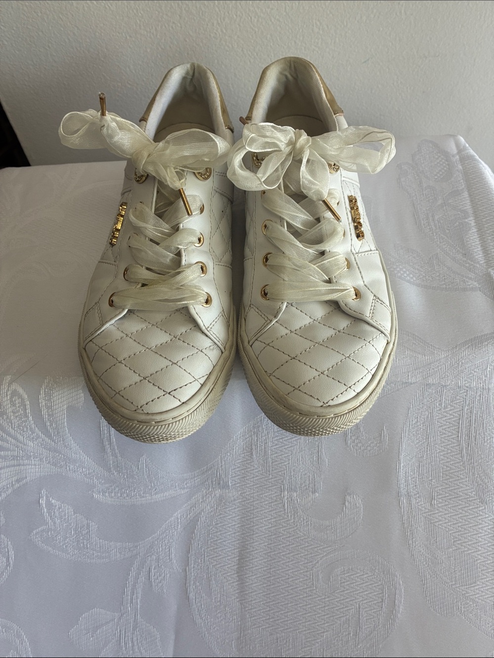 Guess Quilted Cream Sneakers with Gold Hardware